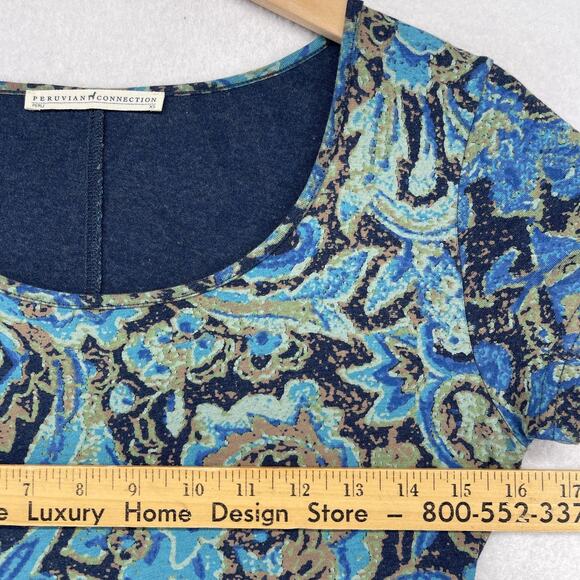 PERUVIAN CONNECTION Dress XS Paisley Midi Cap Sleeve Stretch Pima Cotton Blue - Picture 11 of 13